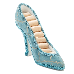 Blue velvet high heel ring holder with gold floral patterns and beige jewelry slots