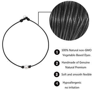 Detail showing genuine black leather cord texture and soft flexible natural material