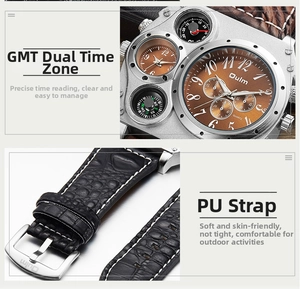 Close-up of Oulm dual time zone watch dial with compass and crocodile leather strap