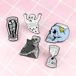 Detailed set of 5 gothic enamel pins featuring skulls, ghosts, and creative illustrations