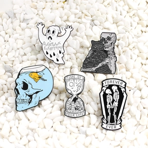 Skeleton and ghost enamel pin set featuring skulls hugging cats and goth illustrations