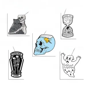 Detailed sizing chart and weight info for skeleton and cat enamel pin collection