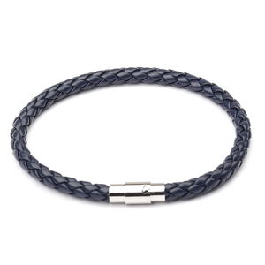Men's navy blue braided leather bracelet with a polished silver magnetic metal clasp