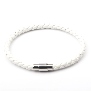 White multi-strand braided leather bracelet with a magnetic silver metal clasp for men