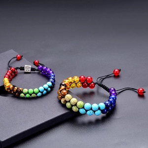 Handmade 7 chakra natural stone double row braided bracelet with tree of life charm