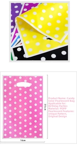 Detailed size 16x25cm view of colorful polka dot pearl gift bags with handles