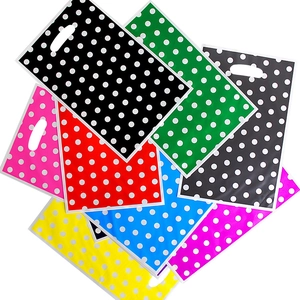 Polka dot pearlescent plastic gift bags with die-cut handles in various bright colors