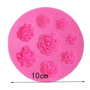 Detailed 10cm pink silicone mold featuring one large and seven small rose patterns