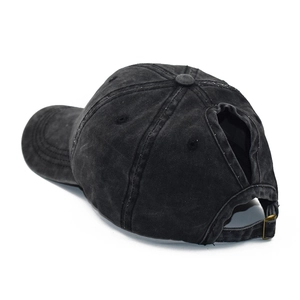 Washed black ponytail baseball cap with V-shaped back opening for high hair styles