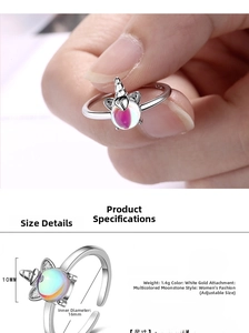 Detailed view of unicorn silver ring with colorful moonstone and size measurements