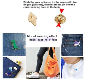 Cartoon enamel pins on denim jacket and canvas bag with back buckle usage guide