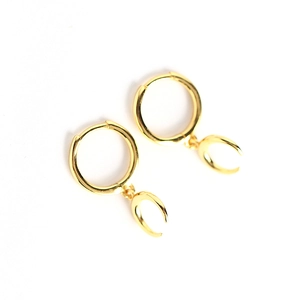 Pair of S925 sterling silver hoop earrings with crescent moon pendants in golden finish
