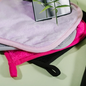 Microfiber makeup remover towels in multiple colors with hanging loops and soft plush texture