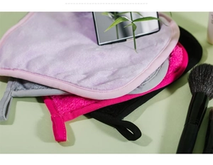 Detailed view of colorful microfiber makeup remover towels with convenient hanging loops