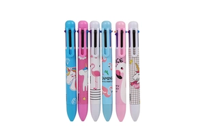 Detail of multi-color cartoon pens featuring flamingo and unicorn designs on plastic body