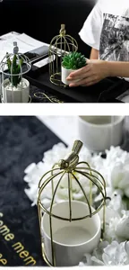 Detailed close-up of golden birdcage iron frame with elegant white ceramic succulent planter