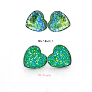 Polished stainless steel heart earring studs with blue fish scale and green glitter inserts