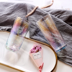 Japanese colorful hammered crystal glass set with rainbow gradient and gold rim tray