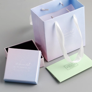 Pink blue gradient jewelry gift box set with matching ribbon bag and silver cloth