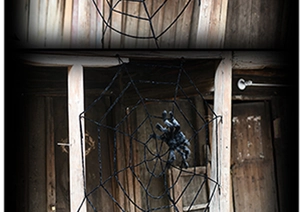 Giant black triangular spider web decoration for Halloween party in a rustic wooden hut