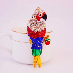 Exquisite colorful enamel parrot keychain with sparkling rhinestones on ceramic cup