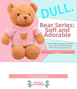 Detalle de un oso de peluche marrón con una sudadera rosa bordada con un osito