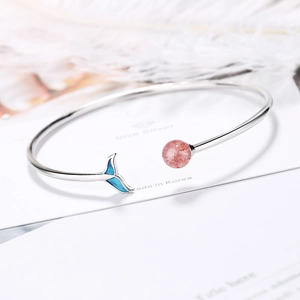 Silver open bracelet with blue gradient fish tail and pink strawberry crystal bead