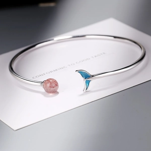 Minimalist silver fish tail cuff bracelet with strawberry crystal bead for women