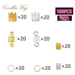 160pcs set of gold and silver dreadlock accessories featuring cuffs and spiral rings