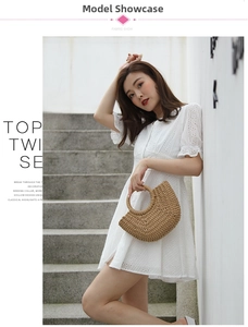 Close-up of a white lace dress paired with a mini straw handbag in a summer setting
