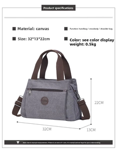 Detailed size chart for gray canvas handbag with 32x13x22cm dimensions and features