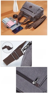 Detail view of smooth zippers and removable shoulder strap on grey canvas tote bag