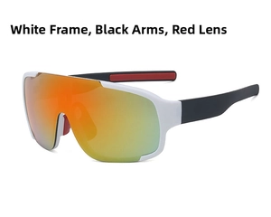 Detail of white cycling goggles with black temples and red mirrored gradient lenses