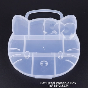Transparent cat-shaped 7-grid jewelry storage box with handle and 16x14x2.5cm dimensions