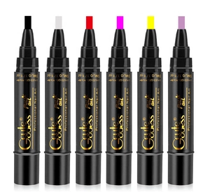 Close-up of 3-in-1 nail gel pens in six vibrant colors with professional branding