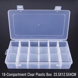 Detailed view of 18-grid transparent plastic storage box with double latches for jewelry