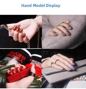 Multiple nail gel colors including deep red and mocha brown on hands with lifestyle props