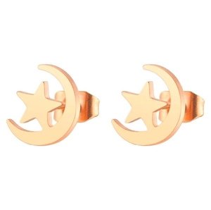 Detailed close-up of rose gold star and moon stud earrings with polished finish
