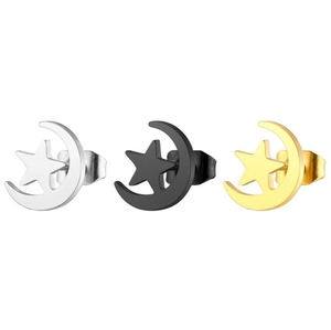 Star and moon stud earrings in silver, black and gold finishes on a white background