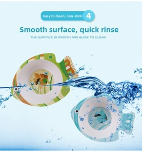 Macro view of fish-shaped bamboo fiber kids bowl featuring smooth easy-clean surface