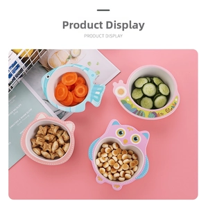 Set of four cute cartoon bamboo fiber bowls for kids featuring owl and cat designs