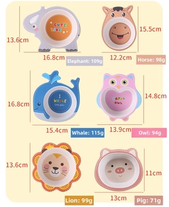Size chart for bamboo fiber kids bowls featuring elephant, lion, and pig shapes