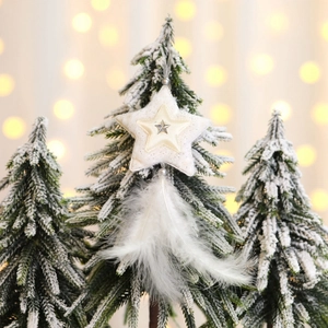 Creamy white star ornament with soft feathers hanging on a snow-covered Christmas tree branch
