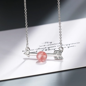 Elegant silver arrow pendant necklace with pink round gemstone and zircon details