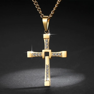 Gold-plated cross pendant necklace with white crystals and twist chain for men