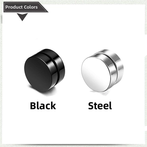 Detail view of magnetic stainless steel clip-on earrings in black and silver finishes