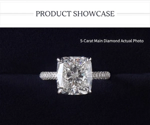 5 carat cushion cut moissanite diamond ring in platinum plated silver with halo setting