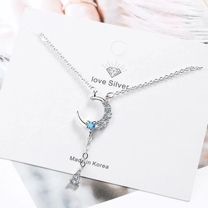 Star Moon Necklace with Blue Crystal and Water Drop Pendant on Silver Chain