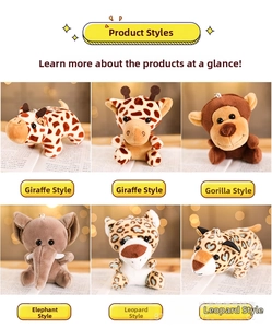 Detail of plush jungle animal keychains featuring giraffe, gorilla, and leopard textures