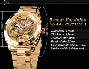 Close-up of gold skeleton watch dial with detailed 41mm case dimensions and specs